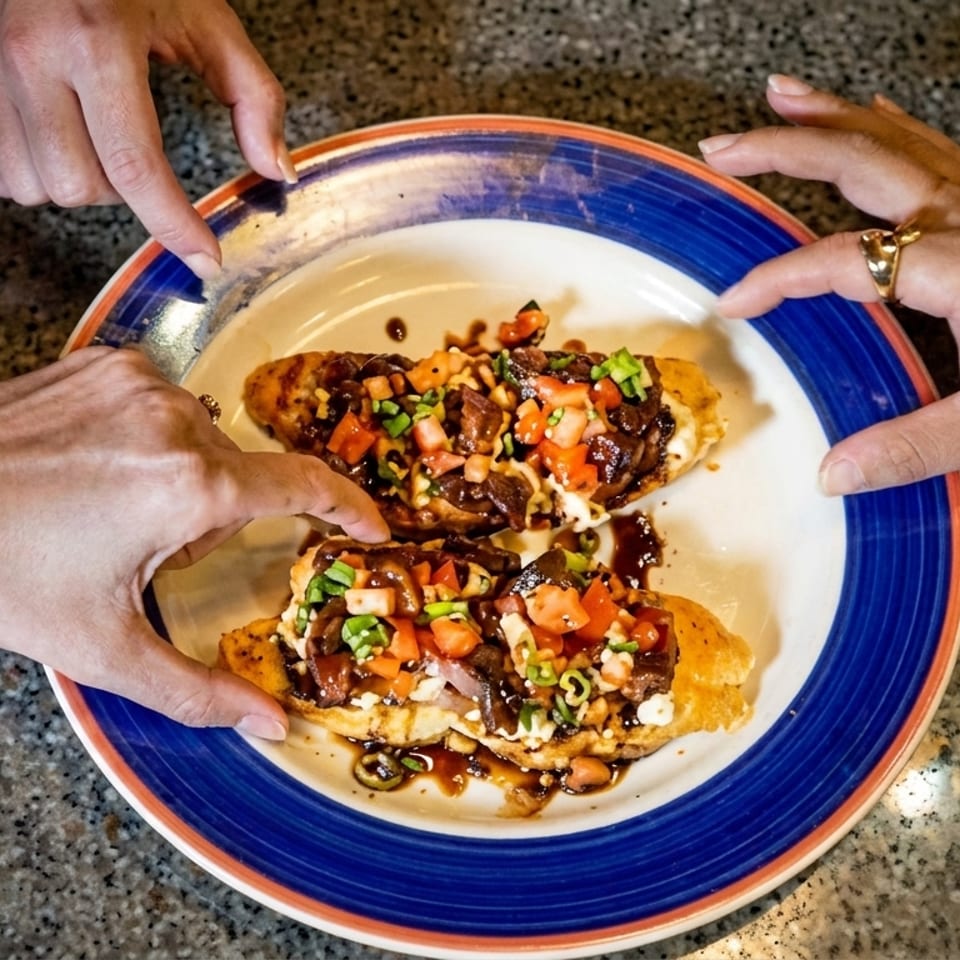 Four hands reaching for two bruschetta pieces topped with meat, tomatoes, and green onions.