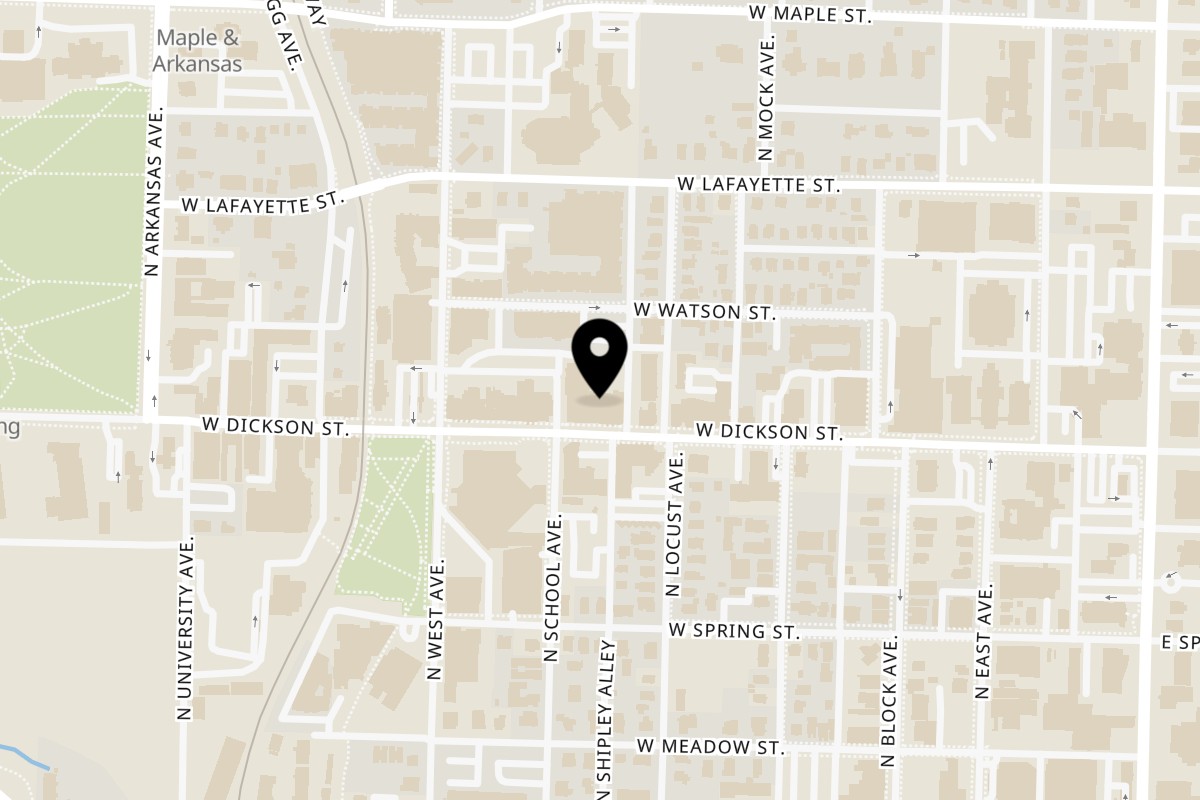 Map showing the location of Doe's Eat Place on 316 W Dickson St in Fayetteville